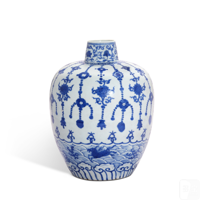 A blue and white 'sea horse' jar, Mark and period of Jiajing | 明嘉靖 青花瓔珞海馬紋罐 《大明嘉靖年製》款 - 图2